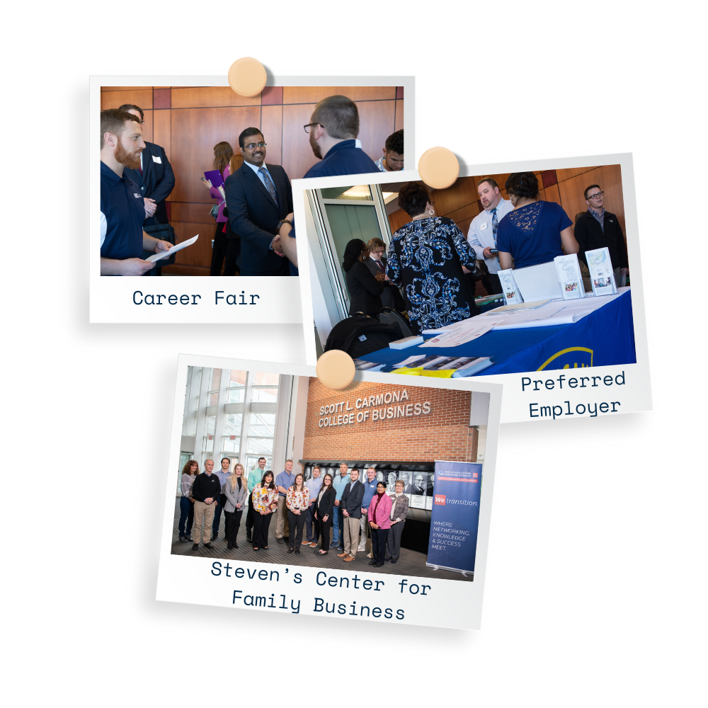 3 photos showing an SVSU Career Fair, a preferred employer of the Michigan State Police, and the Steven's Center for Business